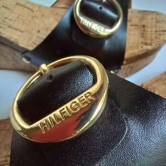 Tommy Hilfiger 'Honora' Cork Wedge Black Leather Gold Buckle Slide SandalsSz7.5 - Picture 6 of 9